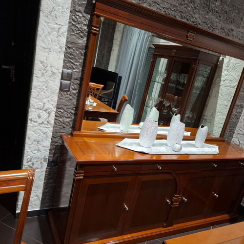 Buffet with mirror, display cabinet and dining table with 6 chairs, cherry wood satin finish, like new