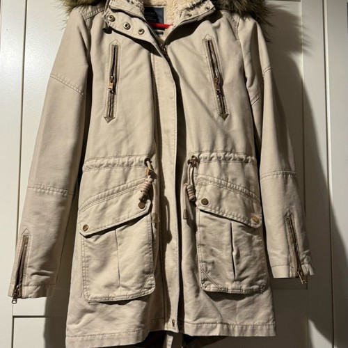 Bershka beige parka jacket used with fur and leather details