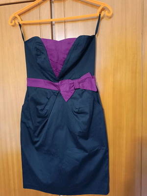 Strapless mini dress like new, black and magenta with bow and pockets, size S