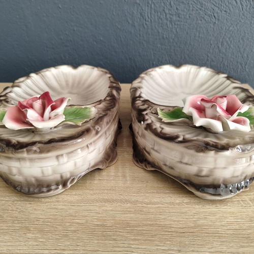Vintage Capodimonte porcelain decorative ashtrays with roses, used