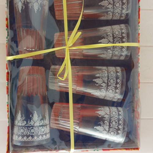 Vintage glass set in original packaging, unused, early 1980s