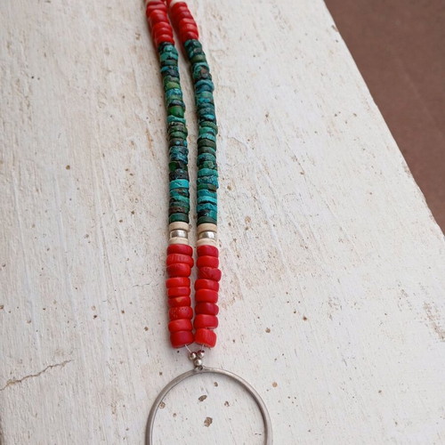 Silver 925 necklace with turquoise and coral like new, handmade Navaho