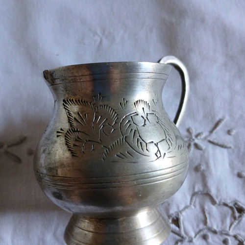 E.P.N.S. small carved antique vessel used, missing one handle