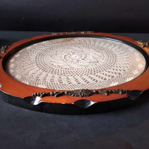 Vintage wooden serving tray used with brass handles