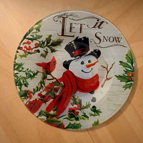 Christmas glass plate "Let it Snow" with snowman, 15cm