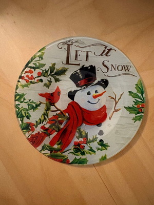 Christmas glass plate "Let it Snow" with snowman, 15cm