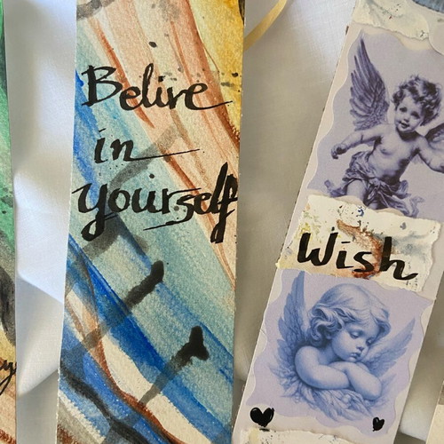 Handmade bookmarks pack of 4, watercolor and collage