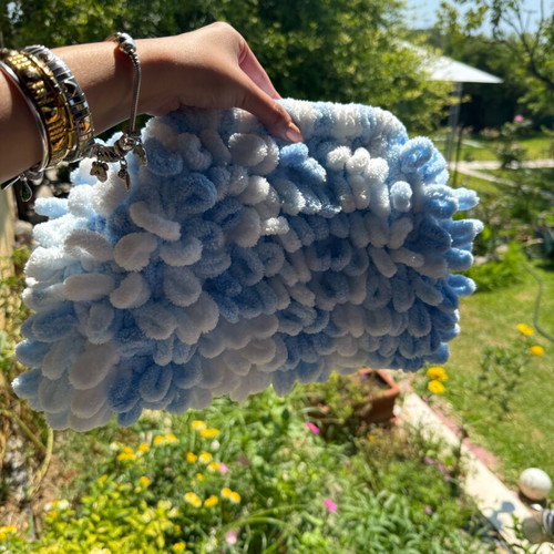 Puffy bag handmade, large size, white and blue