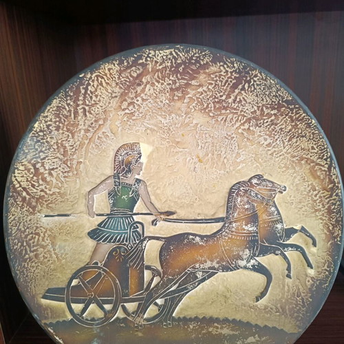 Vintage decorative wall plate 29cm with ancient Greek chariot scene used