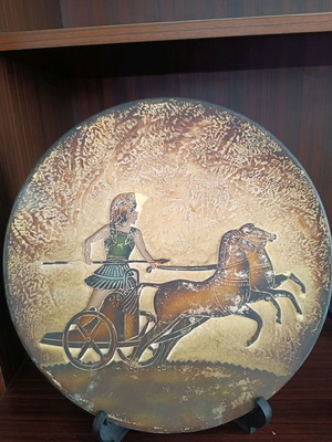 Vintage decorative wall plate 29cm with ancient Greek chariot scene used