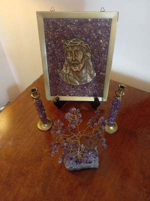 Wall-mounted bronze Jesus image, candle holders and tree of life like new