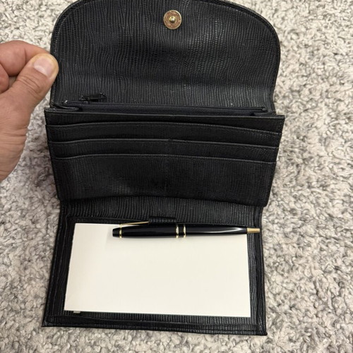 Vintage black leather wallet organizer with pen and notepad like new