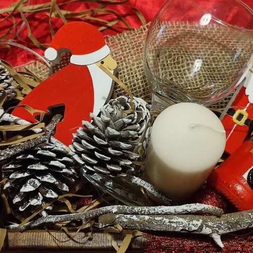 Christmas gift with wooden tray, wine bottle, glasses and decorations