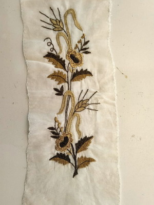 Vintage Gold Embroidered Fabric Satin Shantung Unused