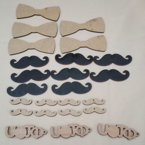 Wooden bow ties and mustaches set of 24, new