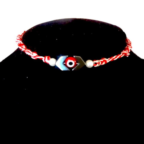 Handmade Martaki macrame bracelet with eye, hematite arrows and white pearls, adjustable