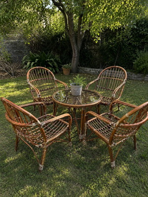 Vintage σετ κήπου από bamboo/rattan μεταχειρισμένο, 4 πολυθρόνες με τραπεζάκι και μαξιλάρια