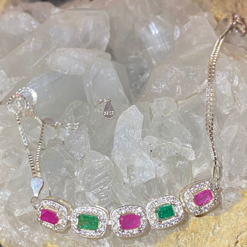 Handmade silver bracelet with natural emerald, ruby and moissanite, new