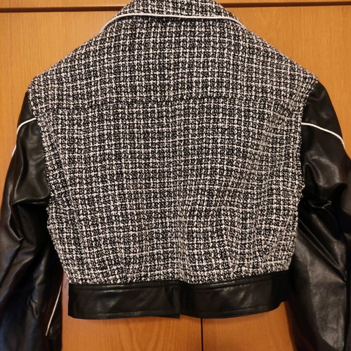 Bomber jacket plaid with faux leather sleeves new, black and white