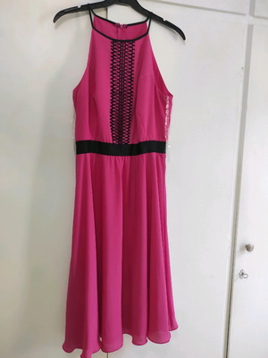 Women's formal watermelon dress with black lace and belt, worn once
