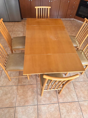Large extendable wooden dining table with 6 chairs set