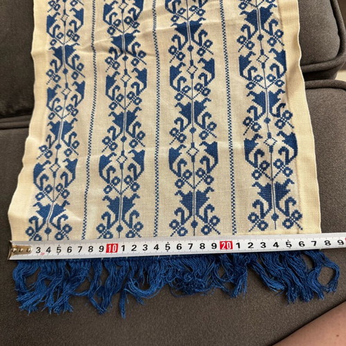 Handmade table runners with colorful and blue-white designs