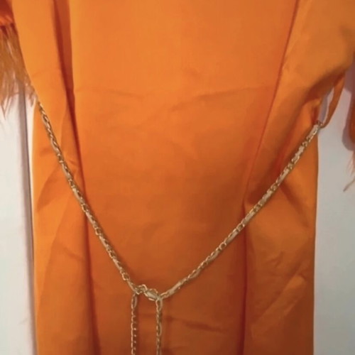 Orange satin short dress new with feathers and chain belt