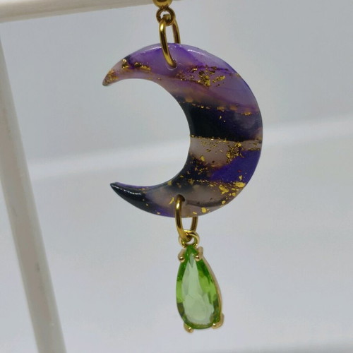 Moon earrings new, purple and gold