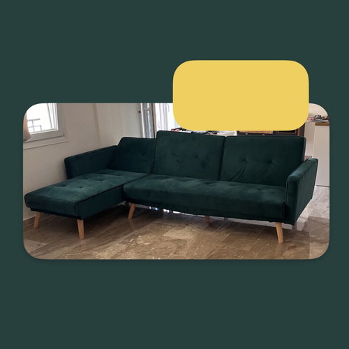Green velvet sofa bed L-shape used with wooden legs