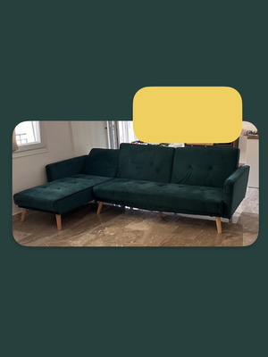 Green velvet sofa bed L-shape used with wooden legs