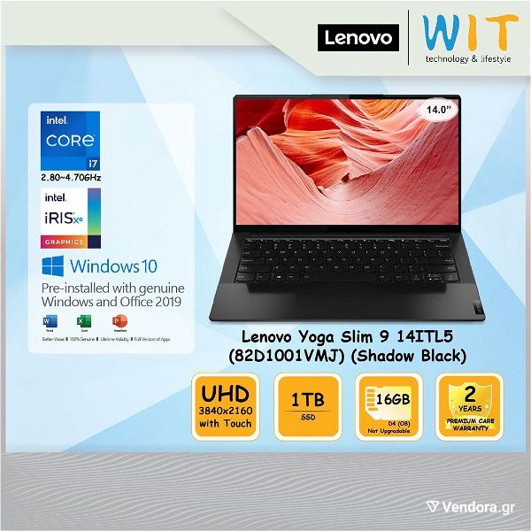  kenourio, sfragismeno, engiisi, apodixi alisidas LENOVO Laptop Yoga Slim 9-14ITL5 14'' UHD/i7-1165G7/16GB/1TB SSD/INTEL Iris Xe Graphics/Win 11 Home/2Y CAR/Touch/Black