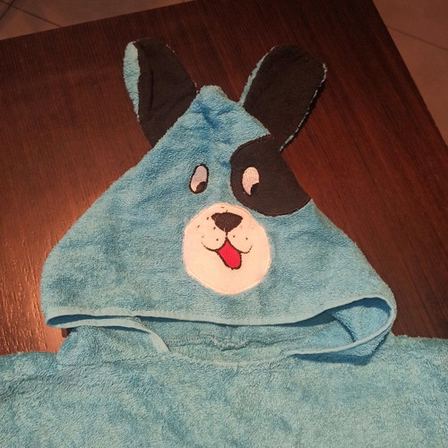 Baby bathrobe like new, bright blue with hood