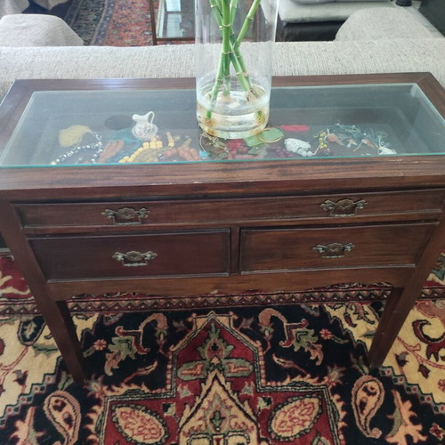 Vintage carved wooden console with three drawers