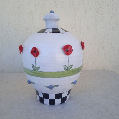 Handmade piggy bank with painted and embossed flowers, clay, new