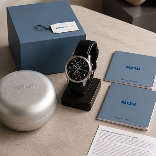 Alessi Record Chronograph AL6021 men's watch quartz black leather strap like new