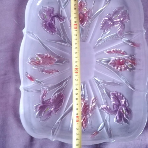 Walther glass platter with purple and rose embossed flowers like new