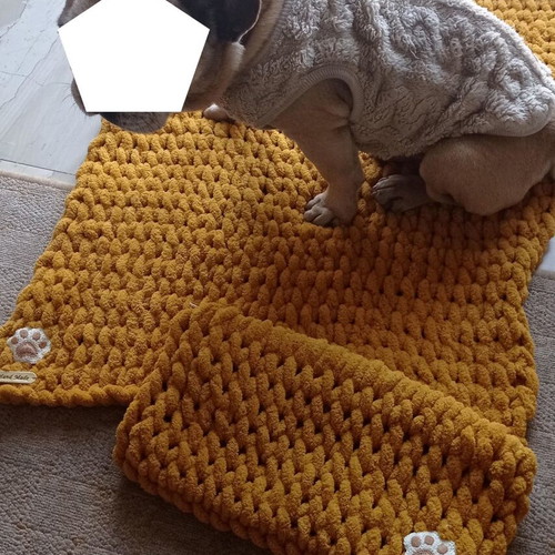 Handmade pet set with Alize Puffy yarn, hypoallergenic, mustard color