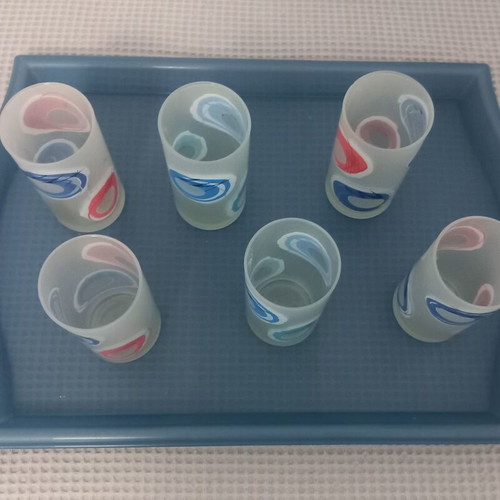 Set of 6 new glasses with frosted glass and blue/pink designs