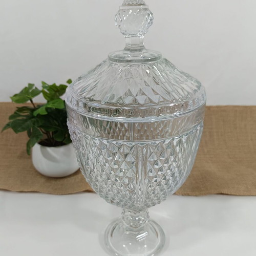 Vintage glass candy jar with lid like new, embossed pattern