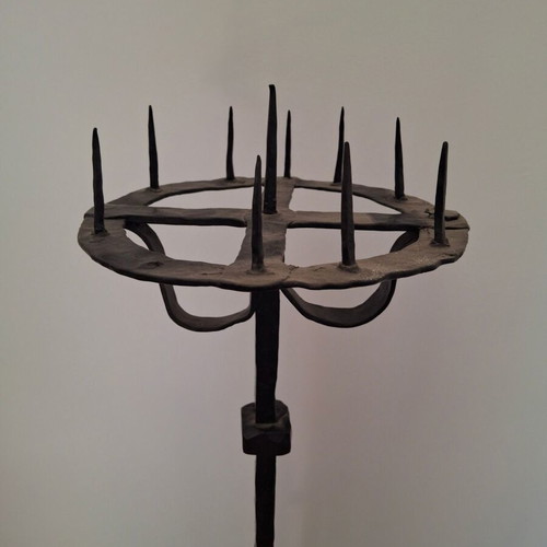 Antique Forged Floor Candlestick used, 110 cm, hand restored
