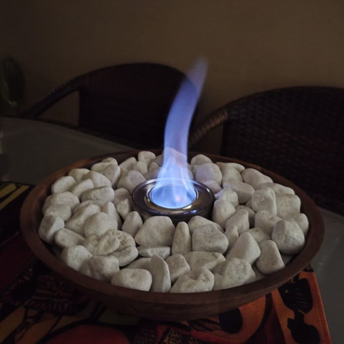 DIY Tabletop Bioethanol Fireplace like new, wood and bamboo with white stone decor