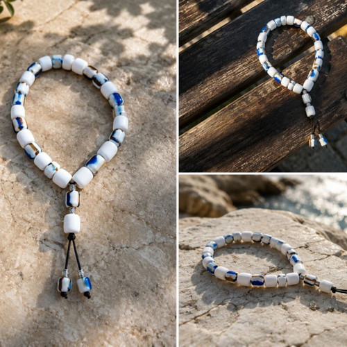 Handmade Resin Komboloi White with Blue Shades like new