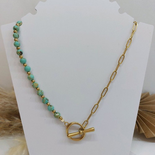Nephrite semi-precious stone necklace with steel elements new