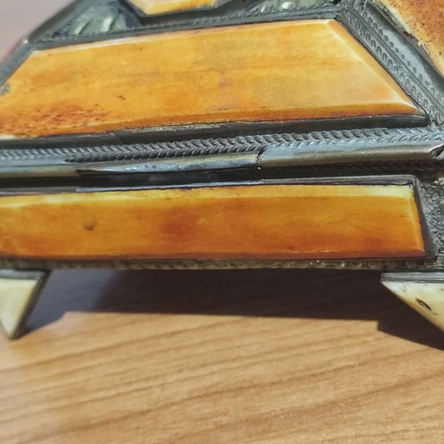 Moroccan jewelry box used with bone inlays and velvet interior