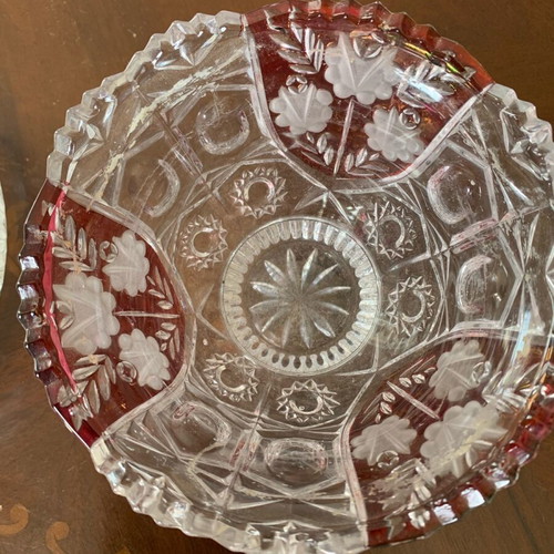 Vintage ruby red cut crystal bowl with etched floral overlay new