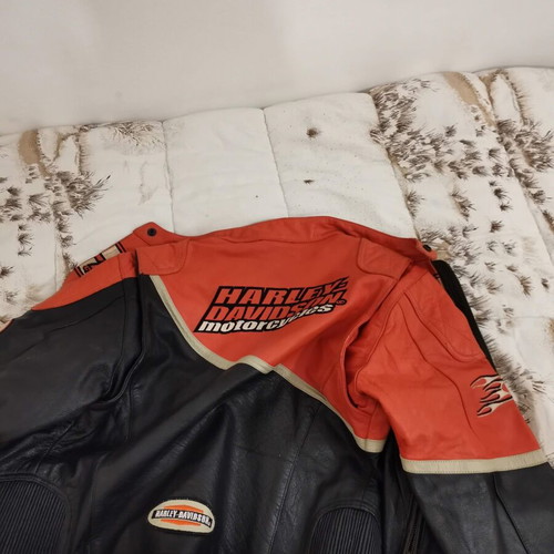 Harley-Davidson Genuine Leather Motorcycle Jacket, size S, black and orange