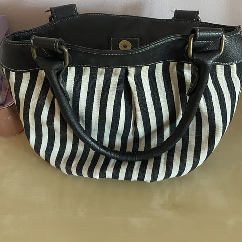 Oasis Handbag like new, black and white striped canvas with bronze details