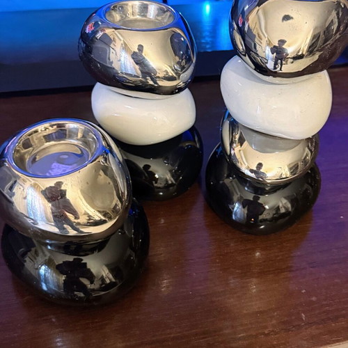 Set of 3 Modern Stone Stack Candlesticks like new, Chrome & Ceramic Design