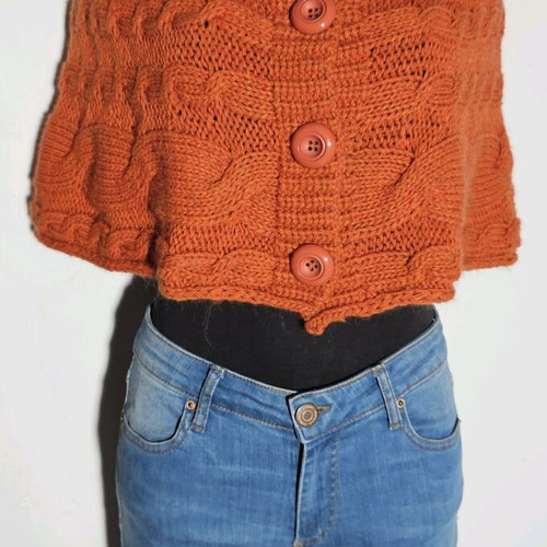 Knitted bolero orange like new with thick cable knit and large collar