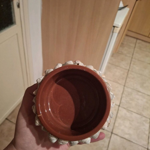 Handmade flowerpot like new made of seashells